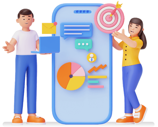 3D illustration of people interacting with data and user icons on a smart phone screen